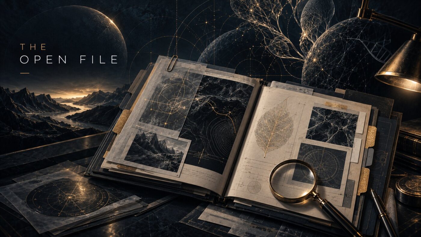 The Open File — an open case folder of dated notes, plates and a magnifier, marking the library section where Leadership by Design publishes a prediction before the outcome is known.