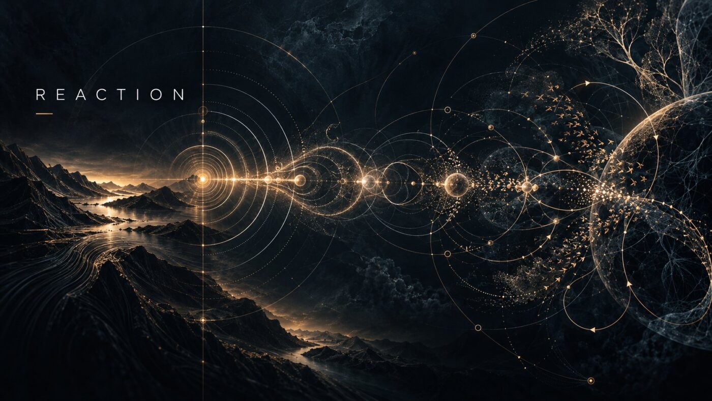 Reaction, phase two of the Leadership by Design lifecycle — a signal arriving and scattering into responses, the automatic answer that fires before deliberation.