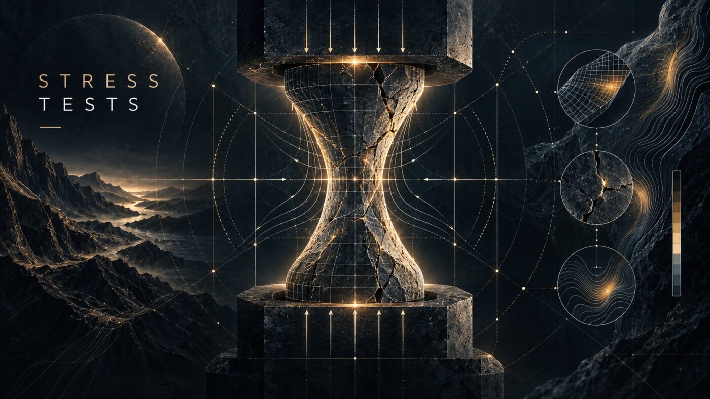 Stress Tests — a form held under visible compression between two blocks, marking the library section where objections to the Leadership by Design framework are taken seriously rather than dismissively answered.