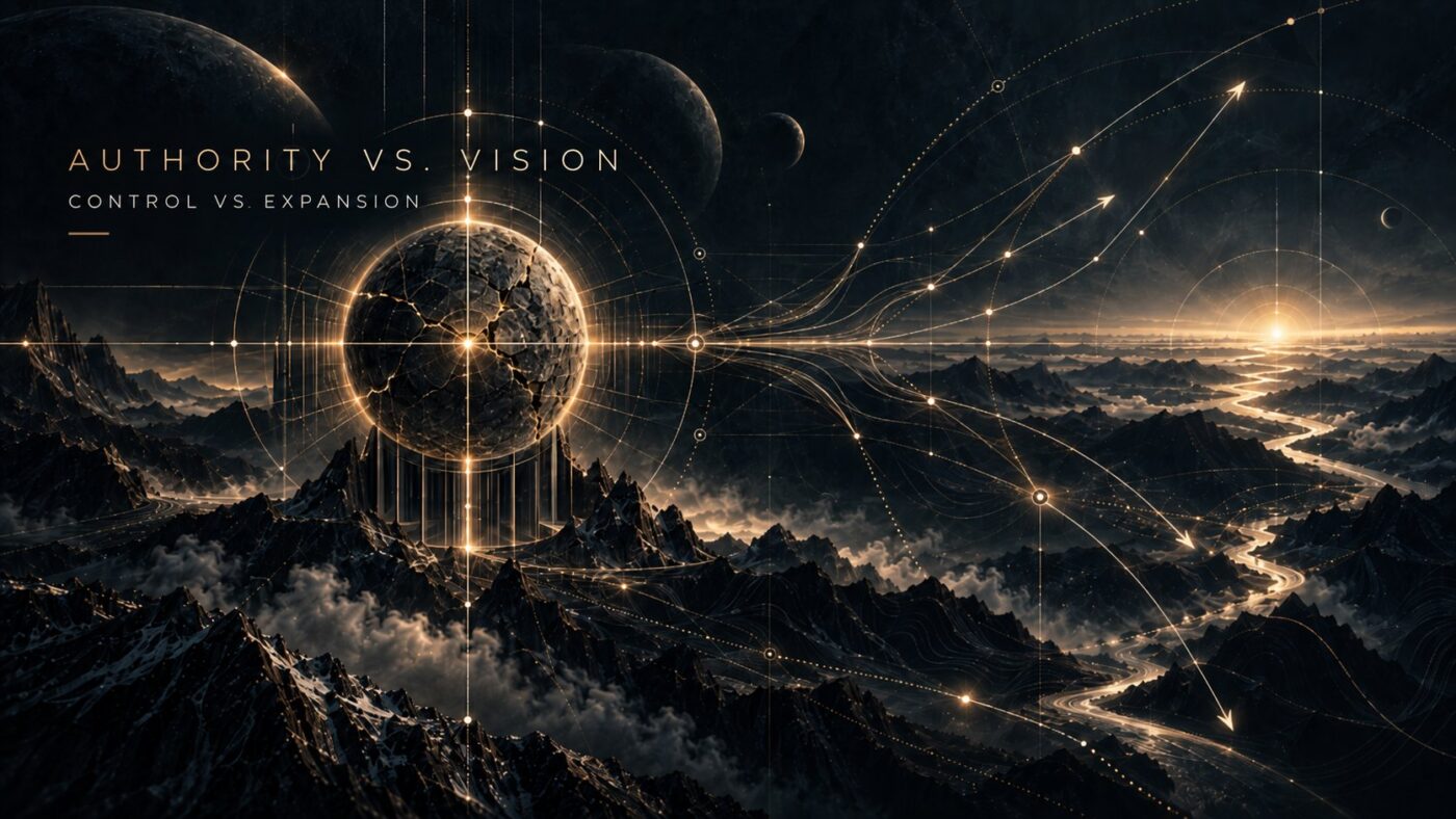 The tension between Authority and Vision — a bounded, fissured core held in place against trajectories expanding outward past it. Control against expansion, the second of the four structural tensions.