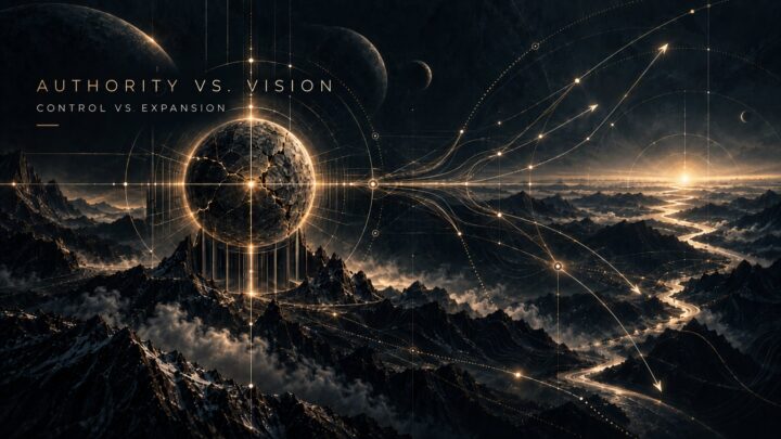 The tension between Authority and Vision — a bounded, fissured core held in place against trajectories expanding outward past it. Control against expansion, the second of the four structural tensions.