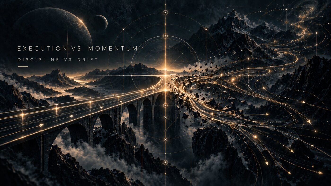 The tension between Execution and Momentum — a disciplined span carrying ordered traffic, running out into loose accelerating trajectories past its end. Discipline against drift, the third of the four structural tensions.