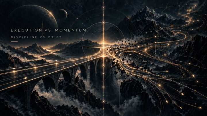 The tension between Execution and Momentum — a disciplined span carrying ordered traffic, running out into loose accelerating trajectories past its end. Discipline against drift, the third of the four structural tensions.
