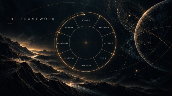 The Leadership by Design framework — the eight-phase organizational lifecycle as a single ring: Signal, Reaction, Authority, Vision, Execution, Momentum, Endurance and Memory in order, with the four structural tensions marked on the boundaries between phases and the return from Memory to Signal shown as an arc.